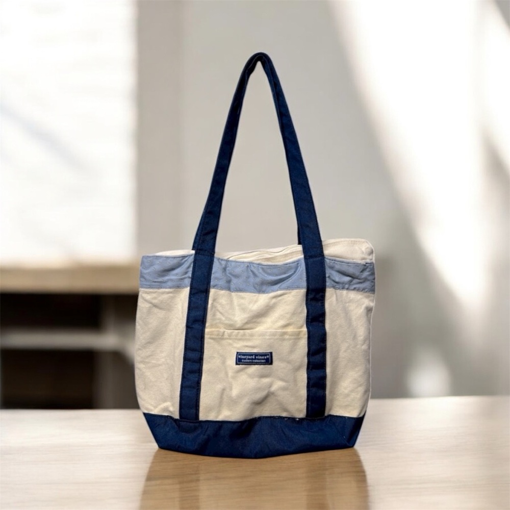 Vineyard vines canvas tote bag zipper closure blue cream medium